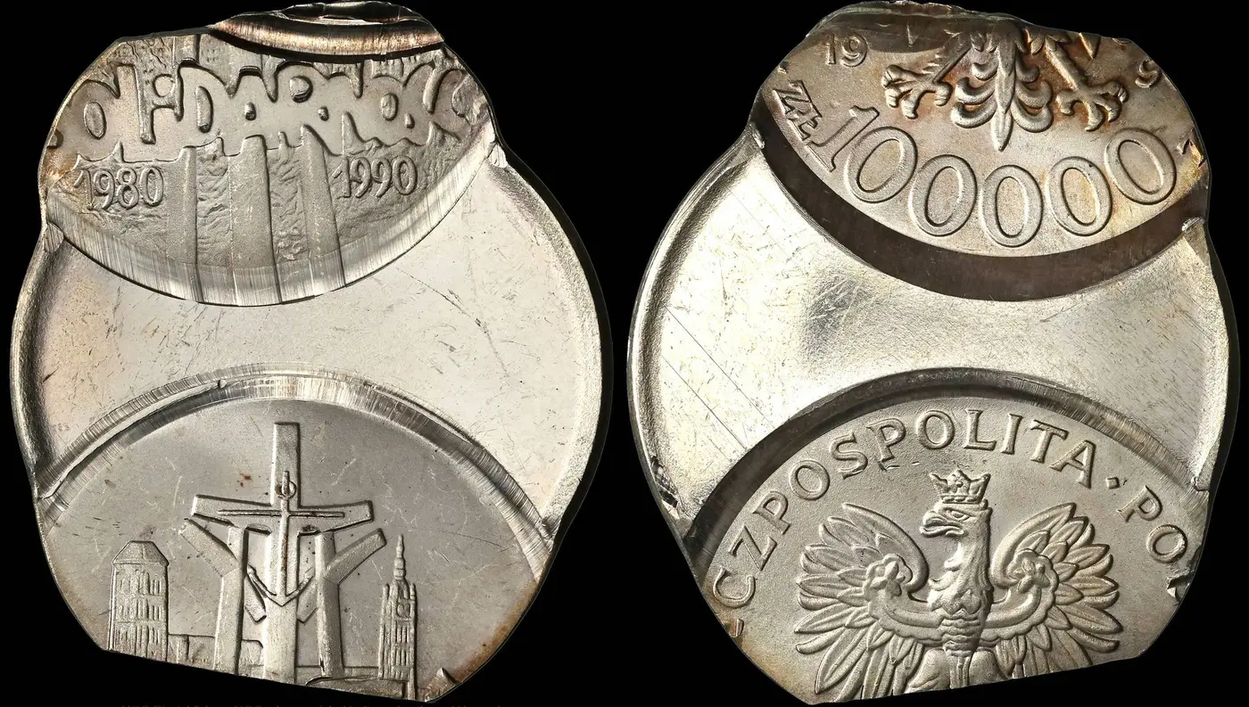 Poland-1990-Silver-100,000-Zlotych,-Double-Struck-With-Both-Strikes-Off-Center