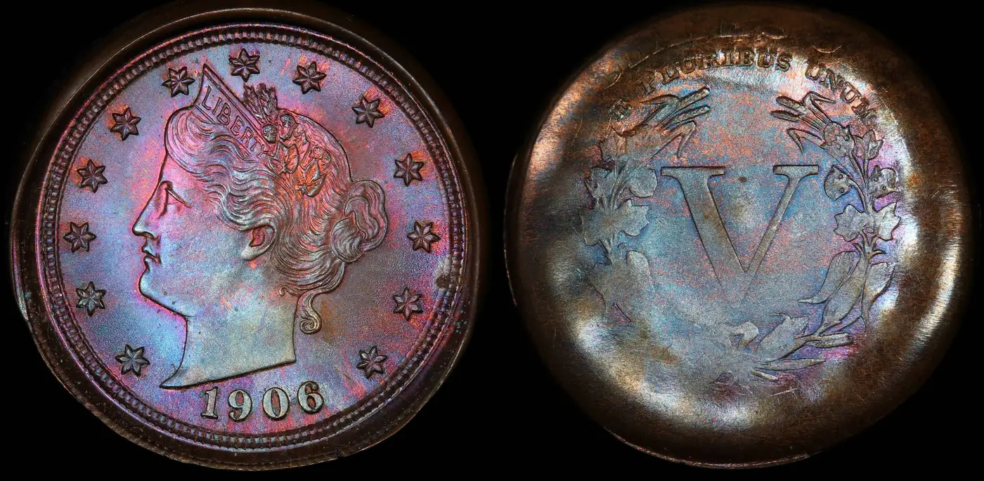 1906-Liberty-Nickel-PCGS-MS-65BN-Struck-On-A-Copper-Cent-Planchet-With-An-Obverse-Die-Cap