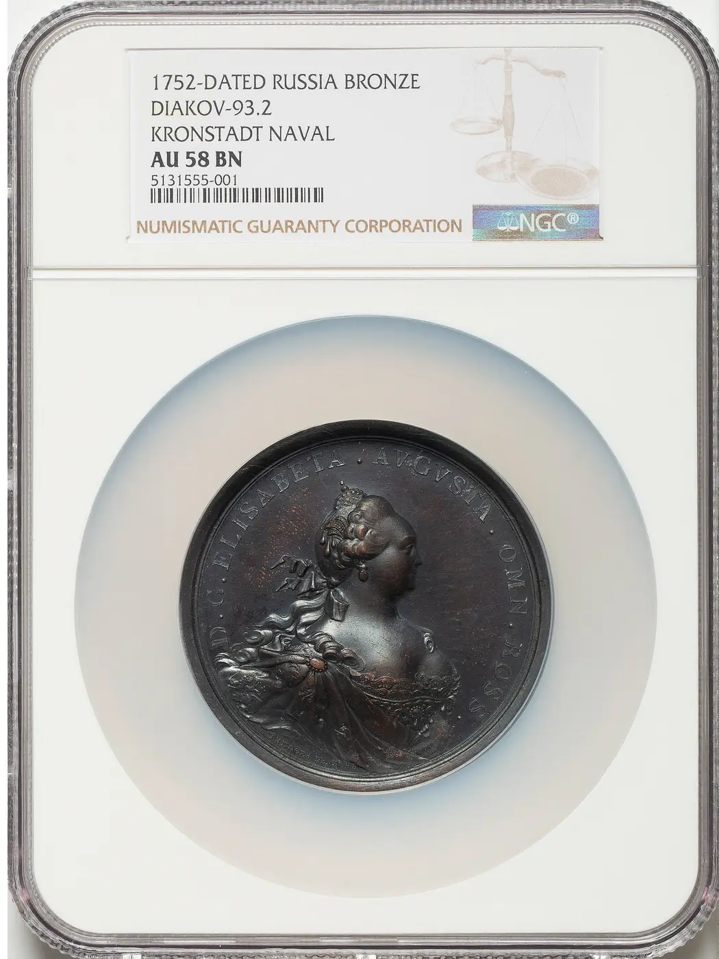 Medal-Monday:-Russia-1752-Dated-Kronstadt-Naval-Bronze-Medal-NGC-AU-58-BN---Diakov-93.2.-62mm