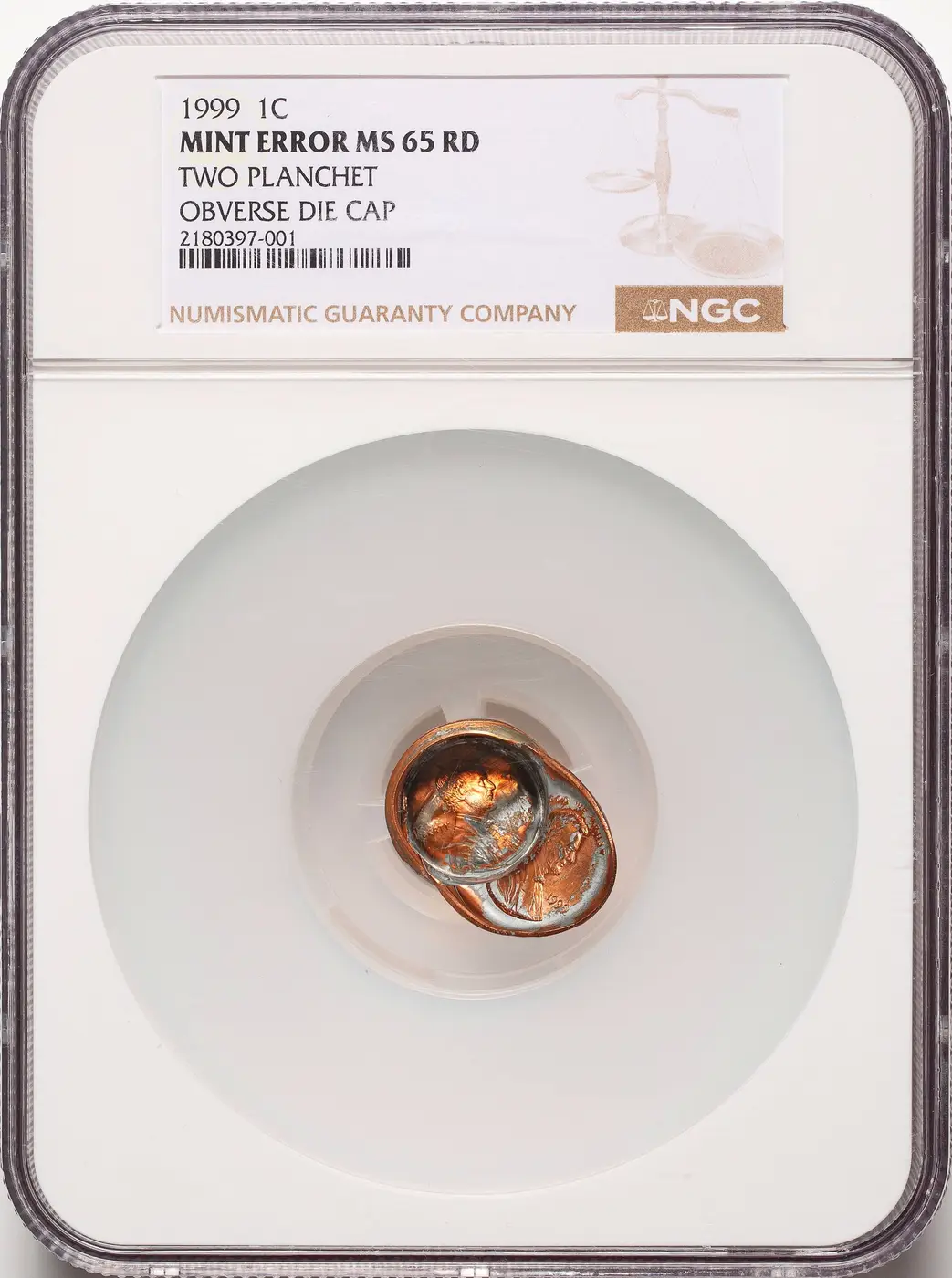 1999-Lincoln-Cent-Struck-On-Two-Planchets-With-An-Obverse-Die-Cap-NGC-MS-65RD