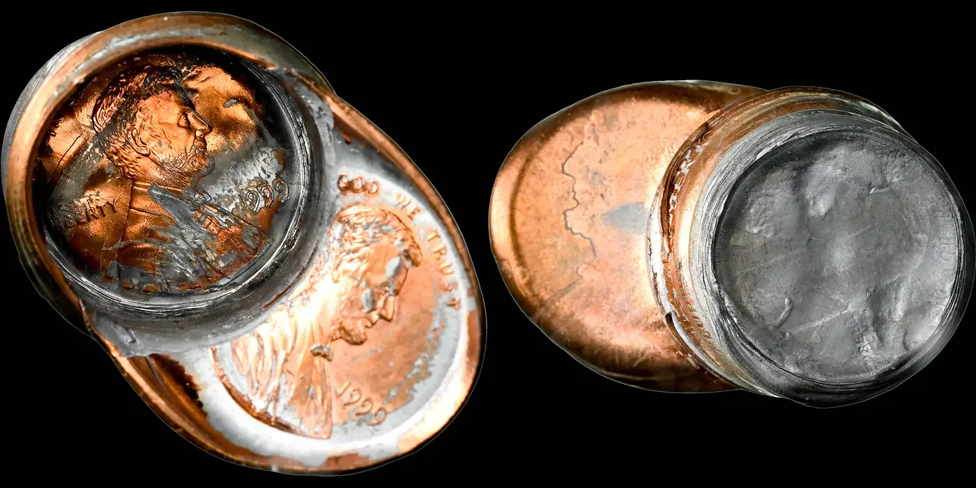1999-Lincoln-Cent-Struck-On-Two-Planchets-With-An-Obverse-Die-Cap-NGC-MS-65RD
