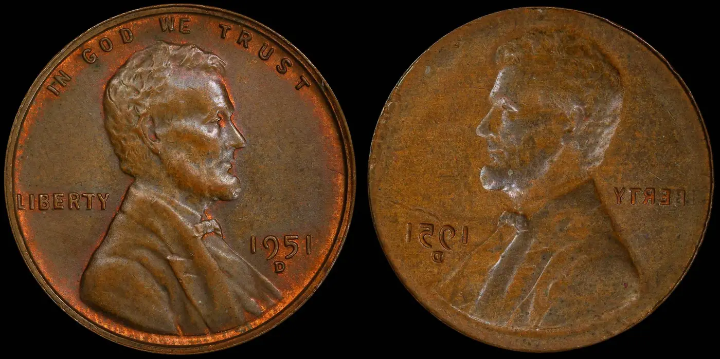1951-D-Lincoln-Wheat-Cent-Full-Obverse-Mirror-Brockage-PCGS-MS-62-BN
