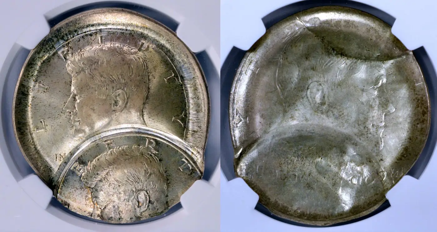 1964-Kennedy-Half-Dollar,-Broadstruck,-Double-Struck,-And-Full-Brockage-NGC-MS-66