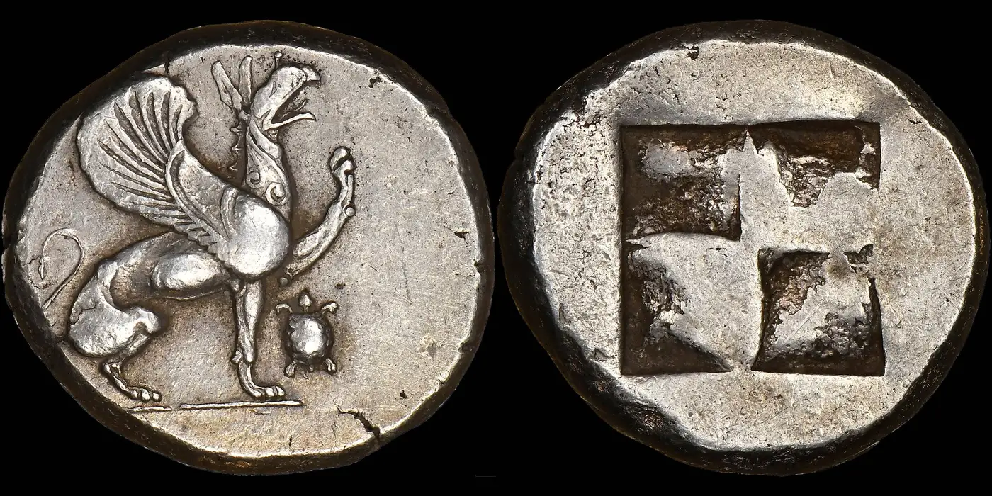 Ionia-Silver-Stater-That-Was-Struck-In-The-5th-Century-B.-C.,-Griffin-And-A-Tortoise