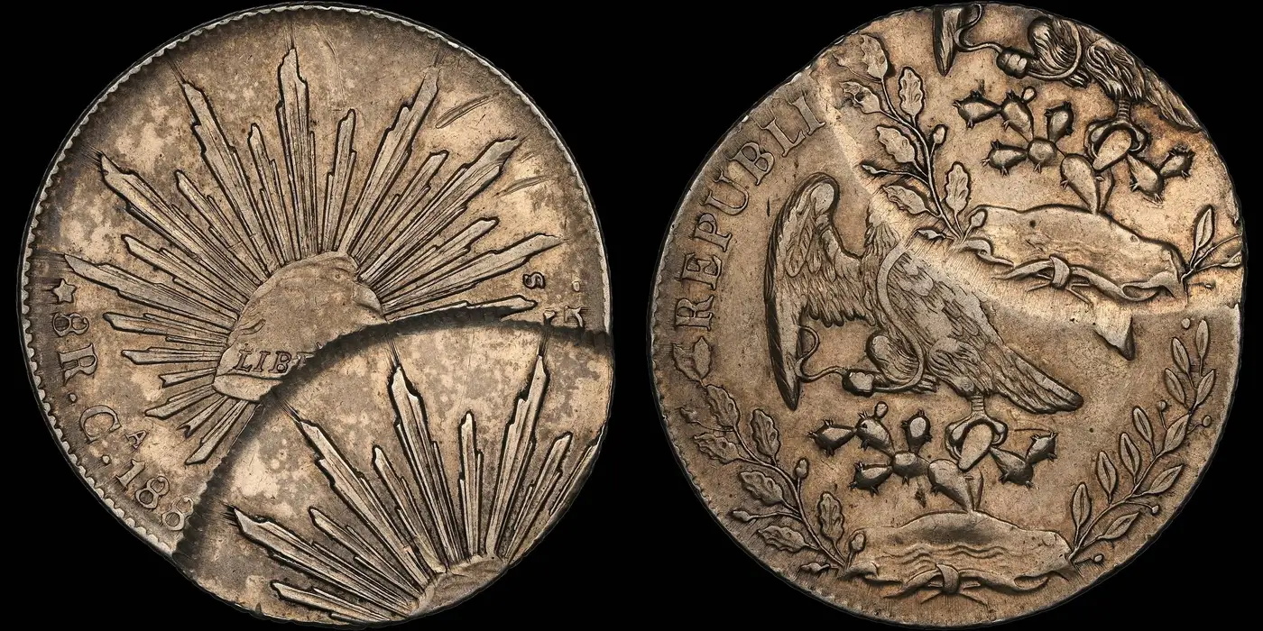 188x-Mexico-8-Reales,-Double-Struck,-Second-Strike-Off-Center-NGC-AU-Details