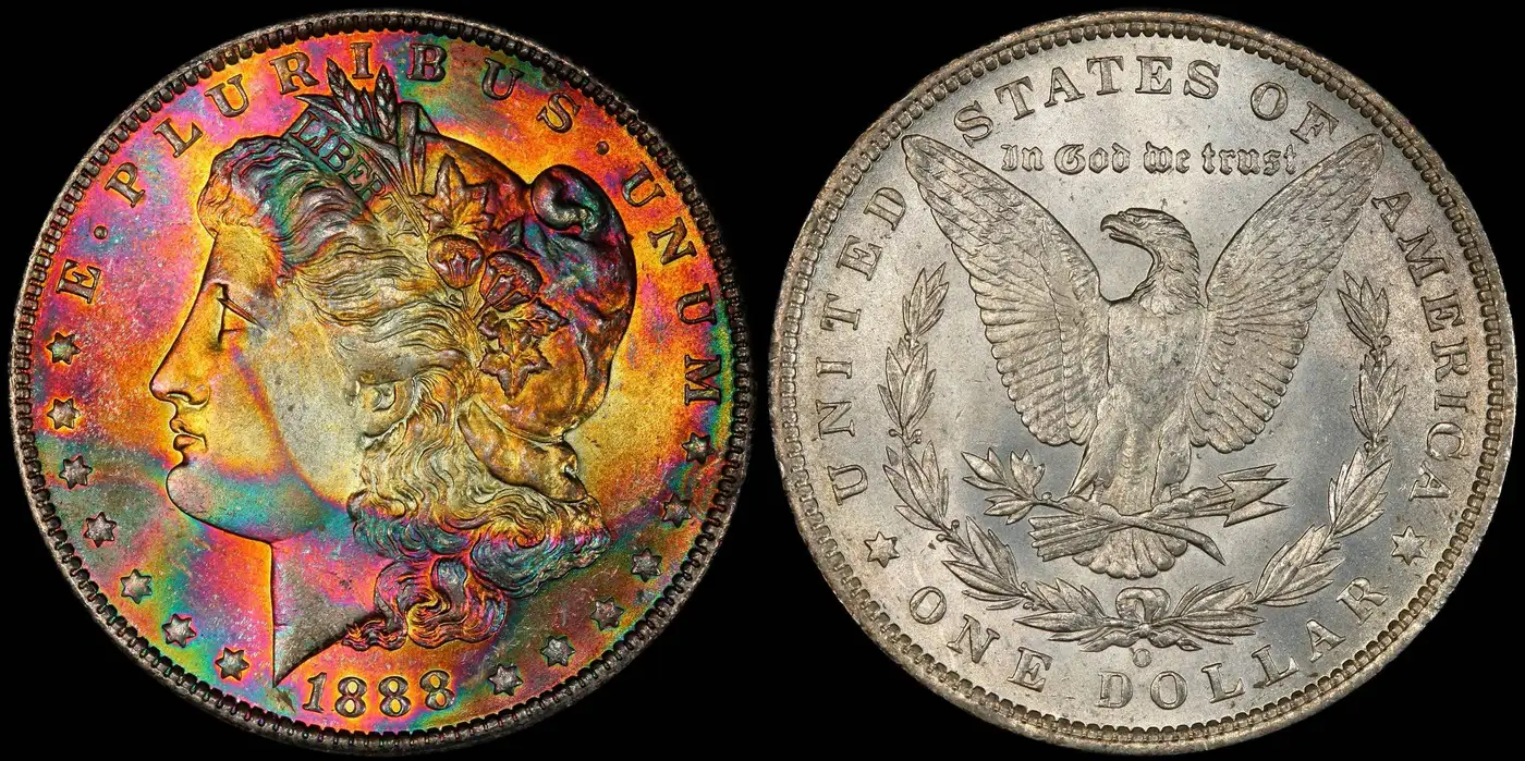 1888-O-Morgan-Dollar-Rainbow-Toned-PCGS-MS-66+-Sunnywood-/-Simpson-Collection