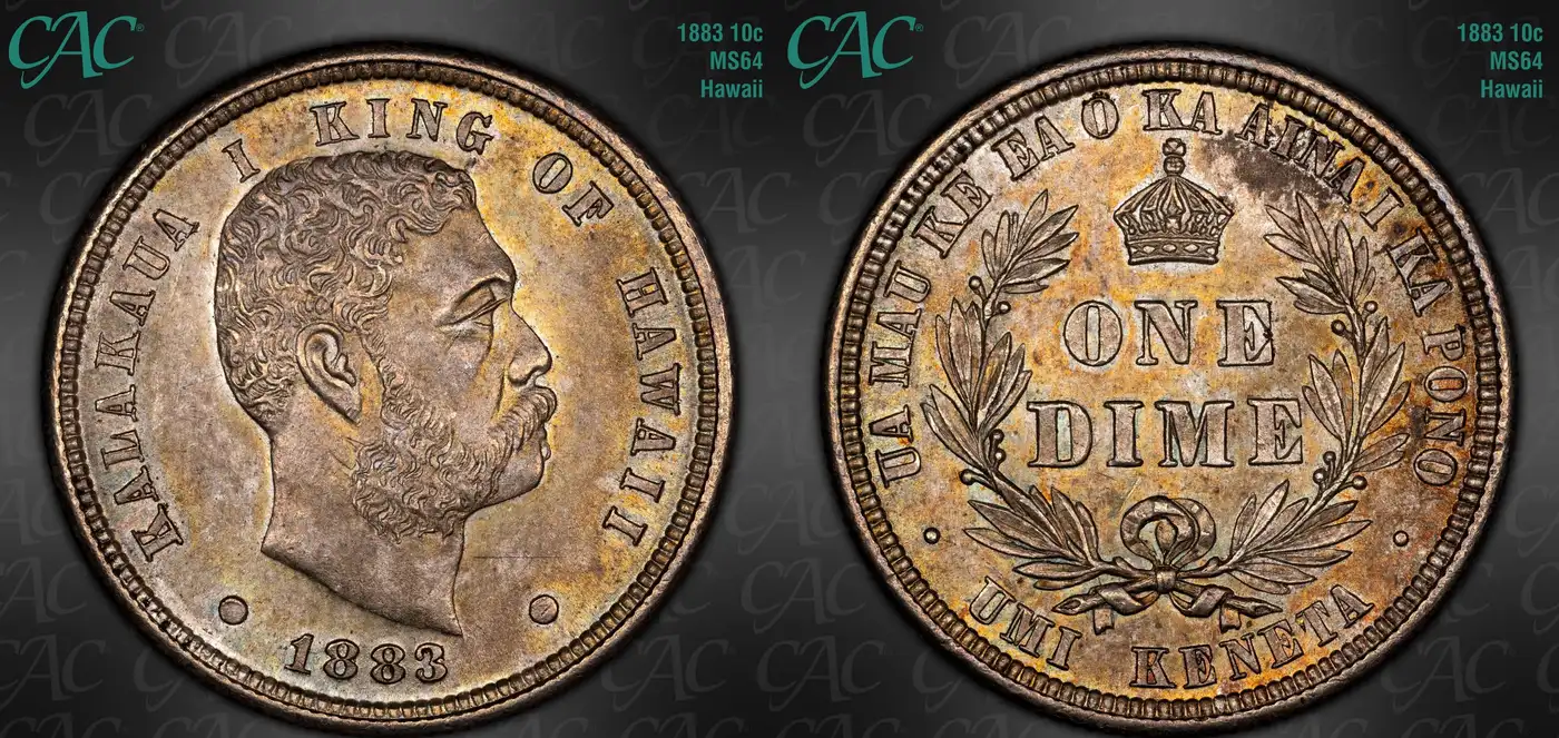 1883-King-Kalakaua-Dime,-Hawaiian-Coinage,-CAC-MS-65