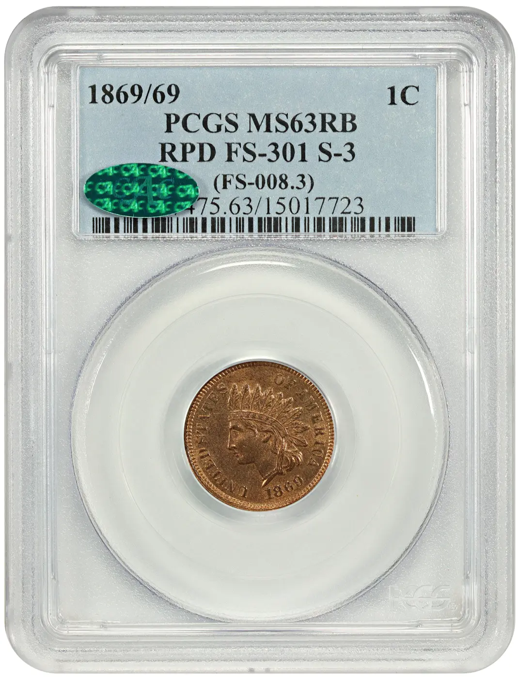 1869/69-Indian-Cent-PCGS-MS-63RB,-Cac,-RPD,-FS-301,-S-3