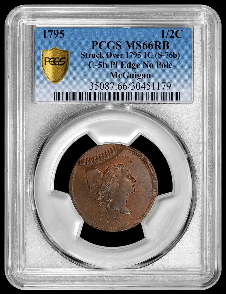 1795-Half-Cent-Struck-Over-1795-Large-Cent-S-76B-Planchet,-PCGS-MS-66RB,-Mcguigan-Collection