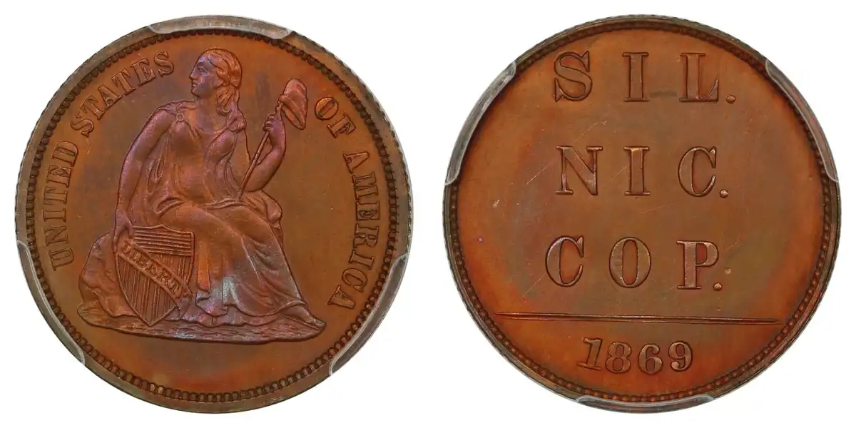 1869-Seated-Liberty-Dime-Postage-Currency-Obverse,-Unique-Sil./Nic./Cop.-Reverse.-PCGS-PR-65RB-J-717