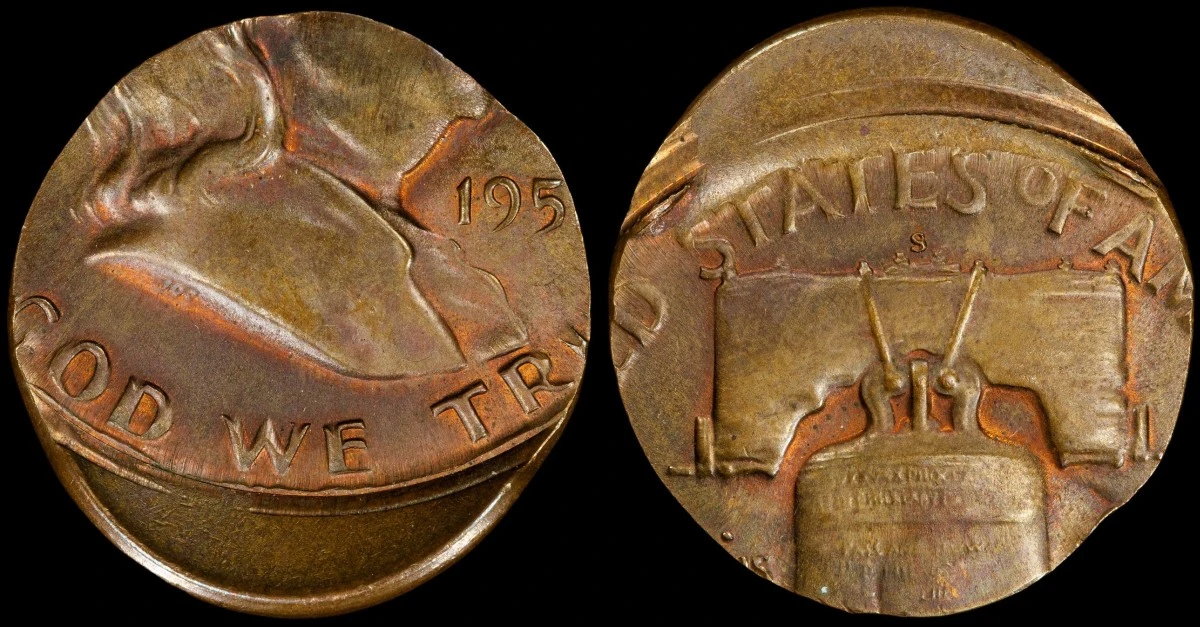 1951-1954-S-Franklin-Half-Dollar-Struck-Off-Center-On-A-Lincoln-Cent-Planchet-PCGS-MS-64BN