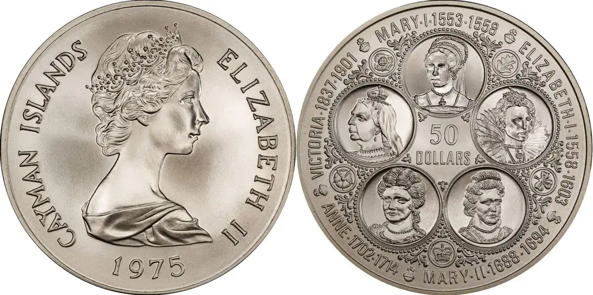 1975-$50-Cayman-Islands,-Tribute-To-The-Queens-Of-England,-PCGS-MS-69