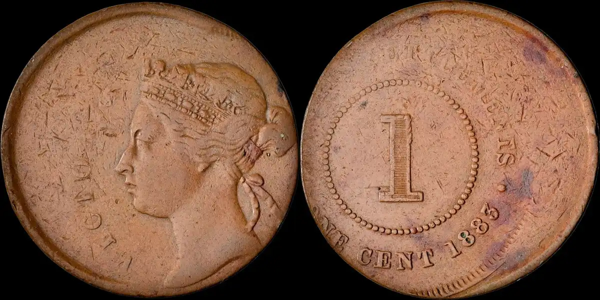 1883-Straits-Settlements-Cent,-British-Colony-Victoria,-40%-Off-Center-Strike,-NGC-VF35BN