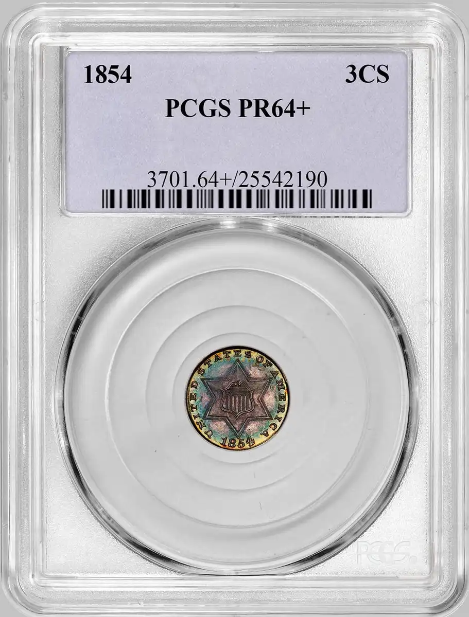 1854-3-Cent-Silver-Trime-Proof,-PCGS-PR-64+,-Rainbow-Toned