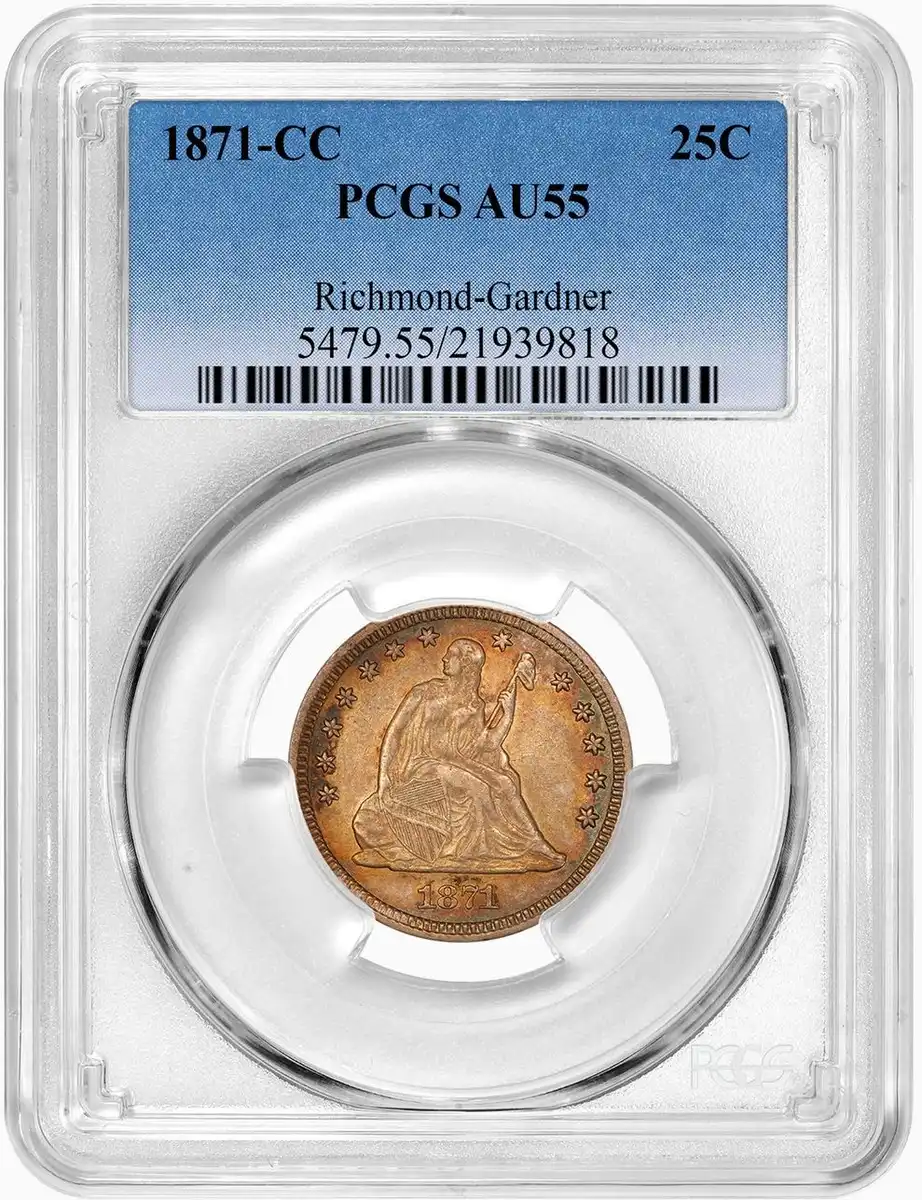 1871-CC-Seated-Liberty-Quarter,-PCGS-AU-55,-Gold-Toned