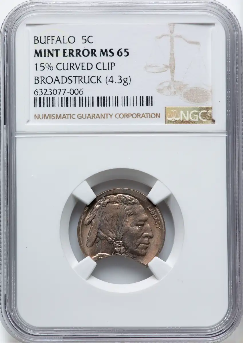 Buffalo-Nickel-Broadstruck-On-A-15%-Curved-Clipped-Planchet,-NGC-MS-63,-4.3-Grams