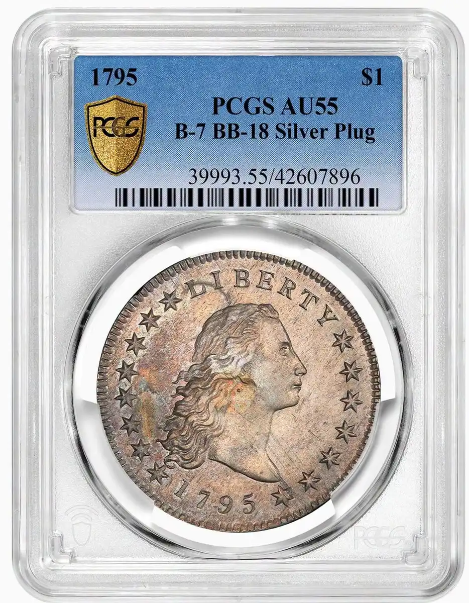 1795-Flowing-Hair-Plugged-Dollar,-PCGS-AU-55,-B-7,-BB-18