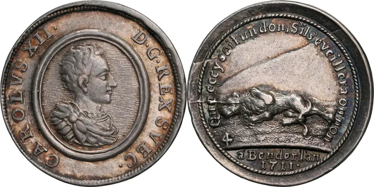 1711-Dated-Silver-Swedish-Medal,-Sweden-King-Karl-XII,-NGC-AU-Details-Cleaned,-Bruun-Collection