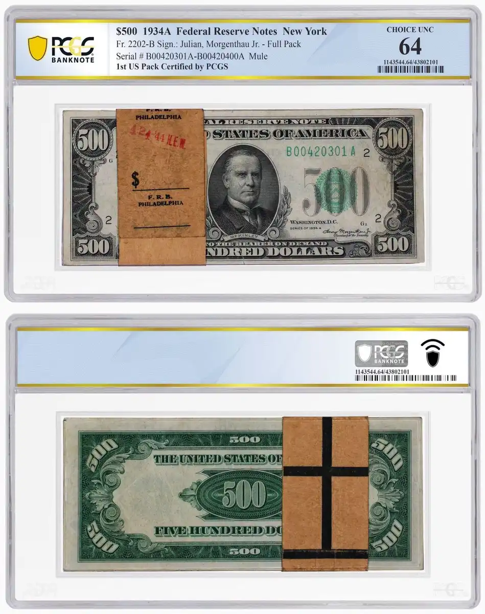 1934A-$500-Pack-Of-100-Federal-Reserve-Notes,-PCGS-Choince-Uncirculated-64