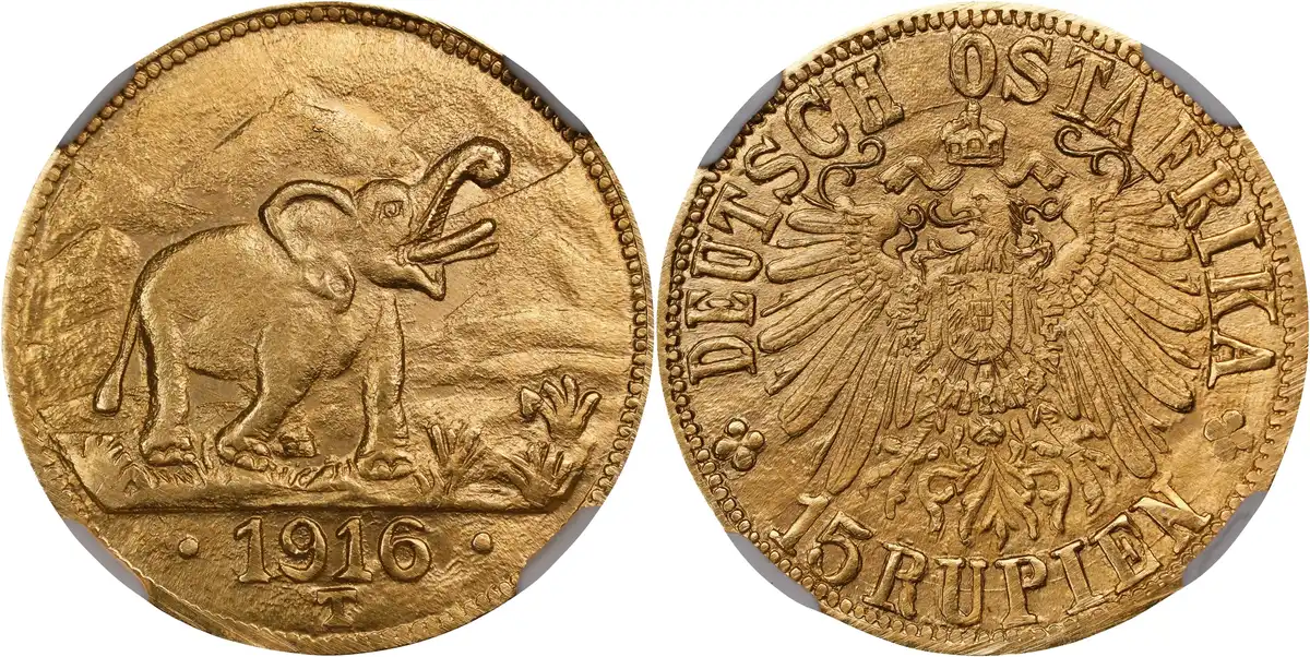 1916-T-German-East-Africa-15-Rupien,-NGC-MS-66,-Erwin-Warth-Collection