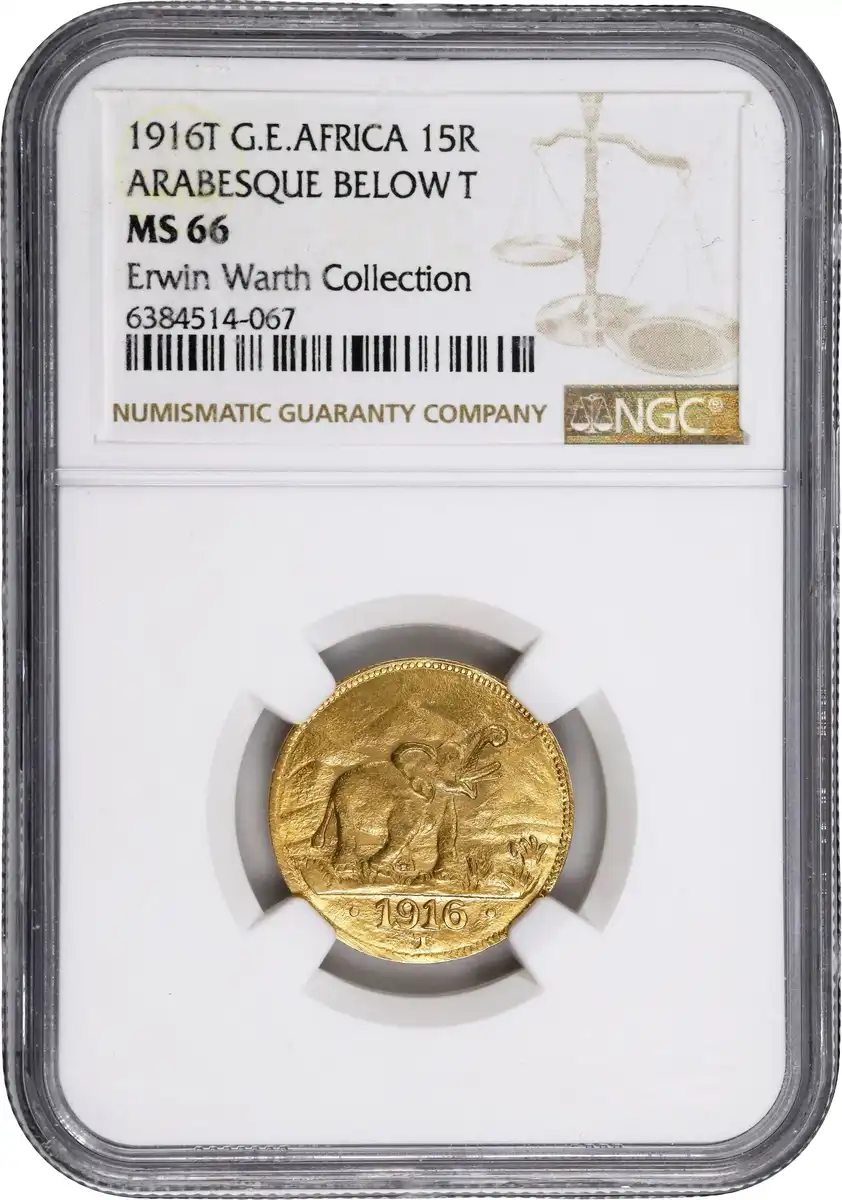 1916-T-German-East-Africa-15-Rupien,-NGC-MS-66,-Erwin-Warth-Collection