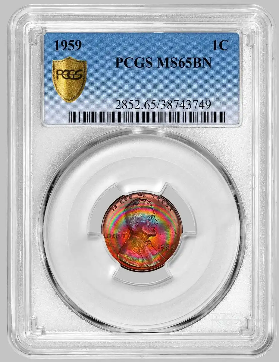 1959-Lincoln-Memorial-Cent,-PCGS-MS-65BN,-Rainbow-Toned
