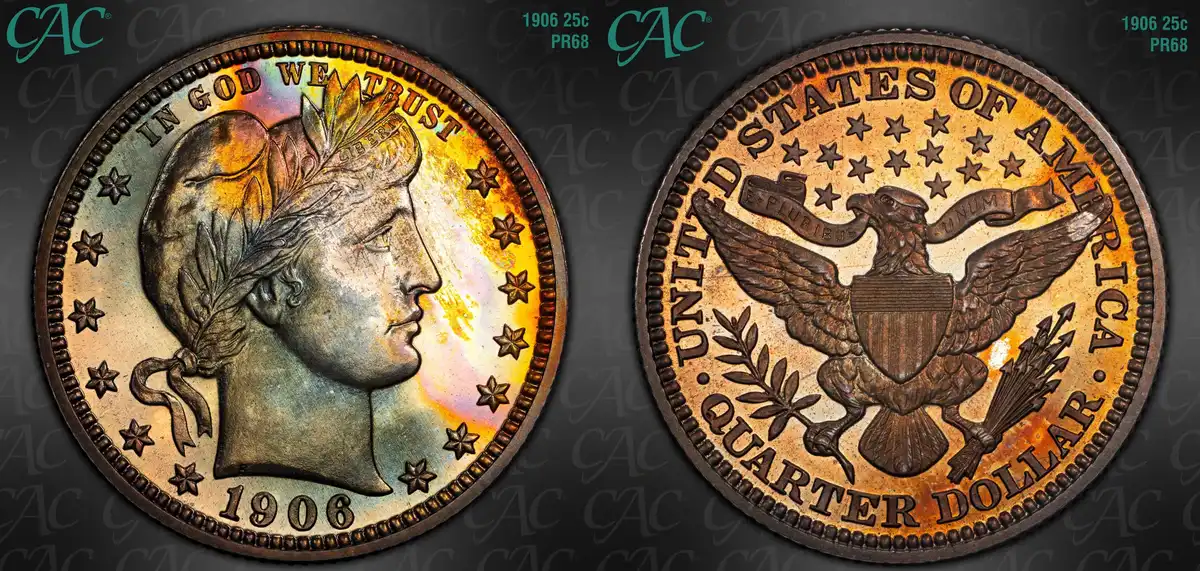 1906-Barber-Quarter,-CAC-PR-68,-Rainbow-Toned