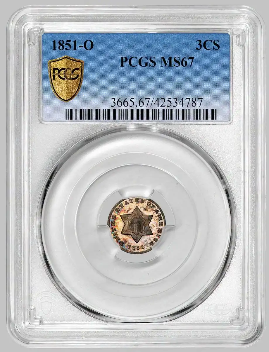 1851-O-Three-Cent-Silver,-PCGS-MS-67,-Rainbow-Toned