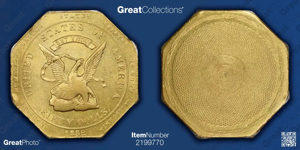 1852-California-Gold-$50-US-Gold-Assay-Office-Augustus-Humbert-887-Reeded-Edge-PCGS-MS-63+