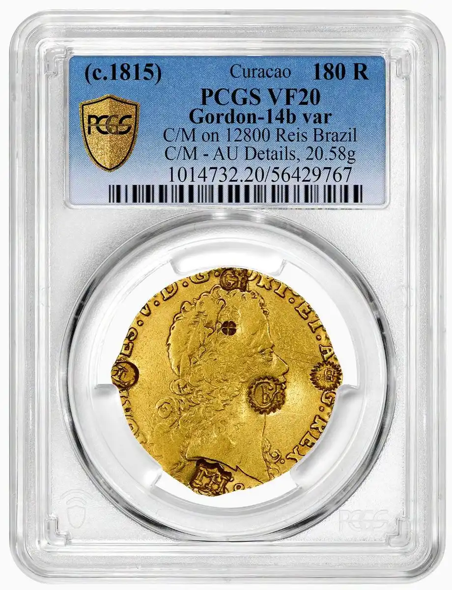 1728-Brazil-12,800-Reis-Counterstamped-In-Curacao-To-Circulate-As-180-Reales,-PCGS-VF20