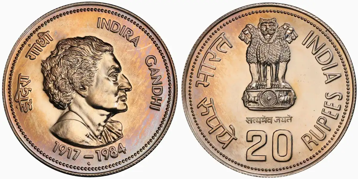 1984-1985-India-20-Rupee,-PCGS-PL-66,-Indira-Gandhi