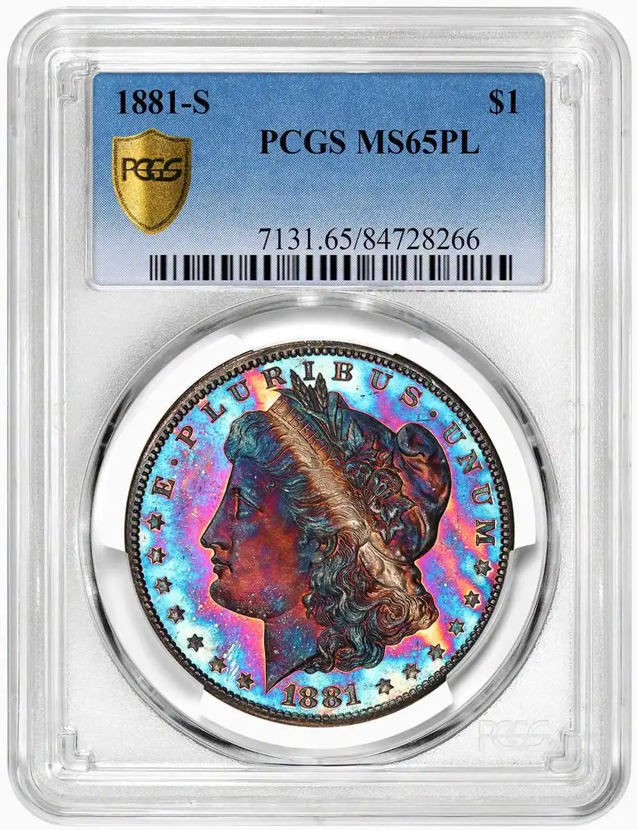 1881-S-Morgan-Silver-Dollar,-PCGS-MS-65PL,-Rainbow-Toned