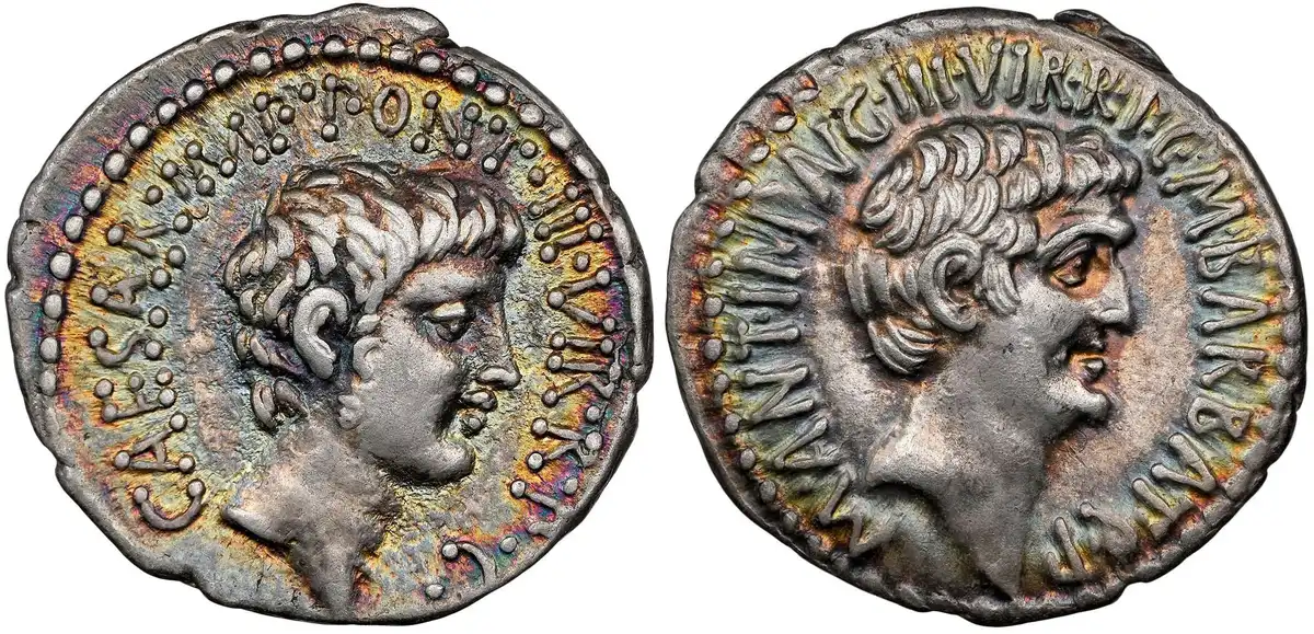 41-BC-AR-Denarius-Of-Marc-Antony-And-Octavian,-NGC-Choice-XF,-5/5-Strike,-3/5-Surface