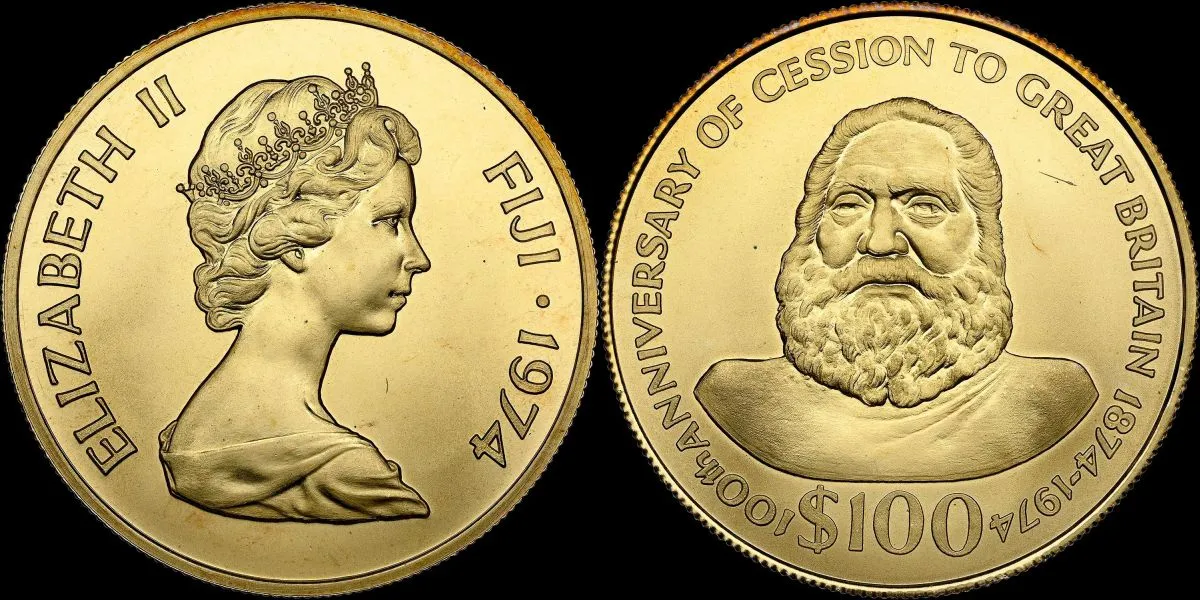 1974-Fiji-100-Dollars-Gold-Proof,-King-Cakobau,-Elizabeth-II