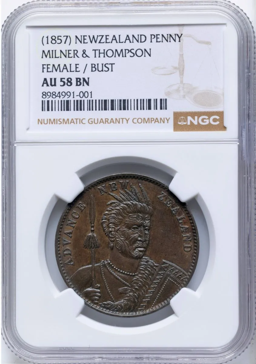 1857-No-Date-Milner-&-Thompson,-Christchurch,-Penny-Token,-NGC-AU-58BN