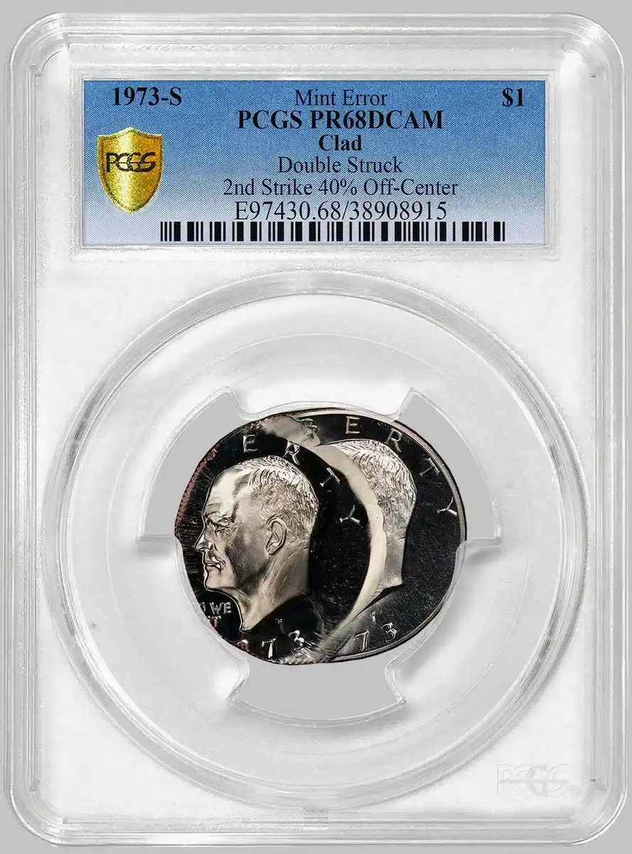 1973-S-Clad-Eisenhower-Dollar,-Double-Struck-Error,-40%-Center-Off-Second-Strike,-PCGS-PR-68-DCAM
