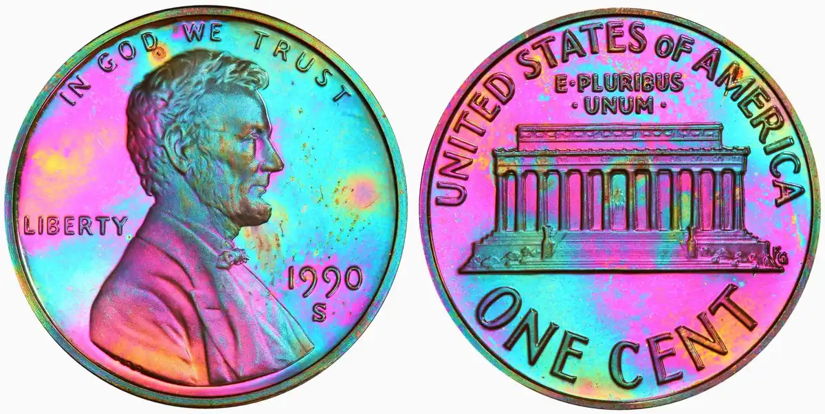 1990-S-Proof-Lincoln-Memorial-Cent,-PCGS-PR-67BN,-Rainbow-Toned