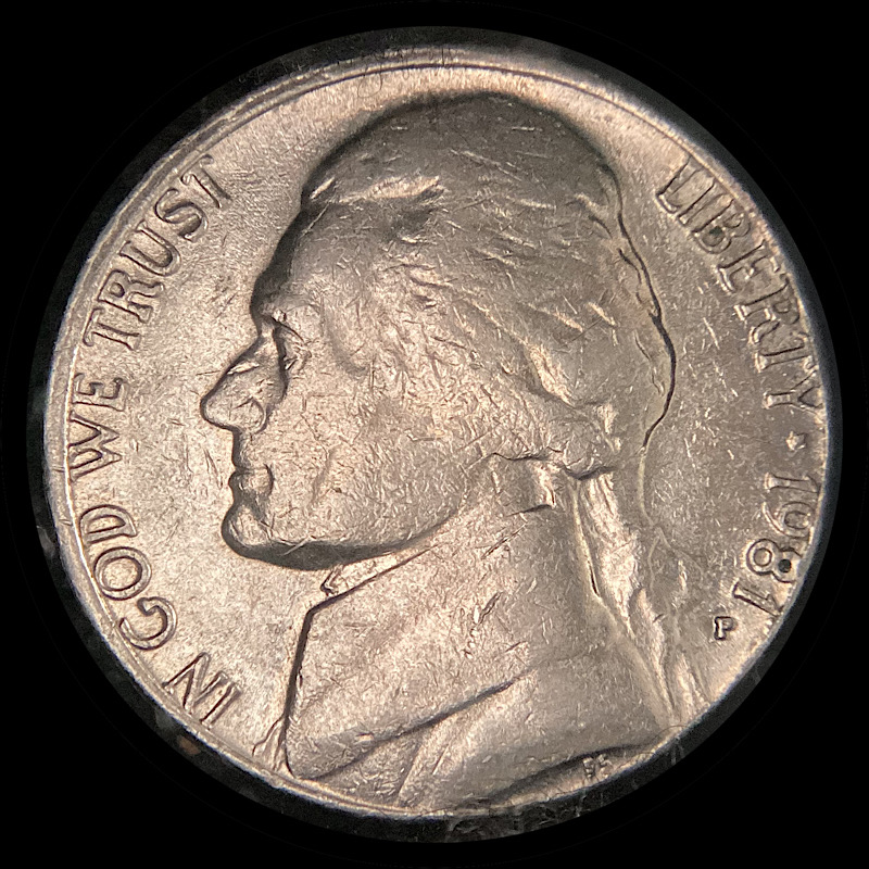 Beat-Up-1981-P-Nickel-Missing-Monticello,-Five-Cents.