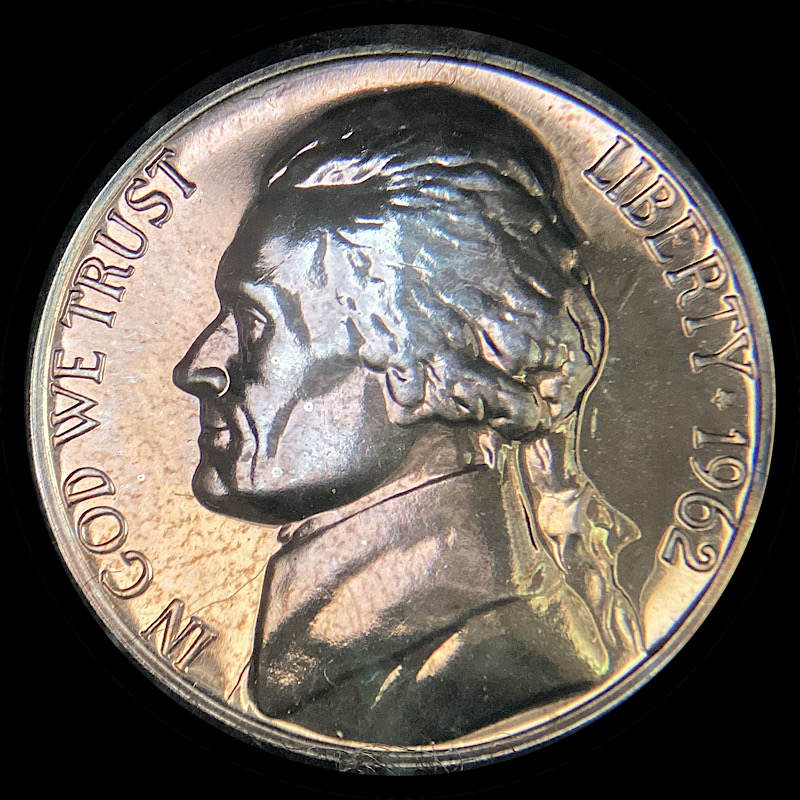 Toned-Jefferson-Proof-Nickels-1964,-3x-1962.
