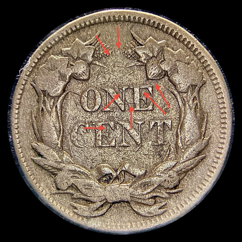 1857-Flying-Eagle-Cent,-Mule-Die-Clash-With-Quarter-Snow-8,-FS-901.