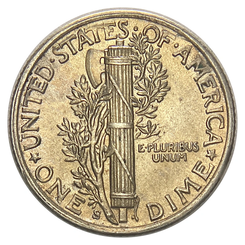 1943-S/S-Mercury-Dime,-FS-501,-Golden-Au/Xf.