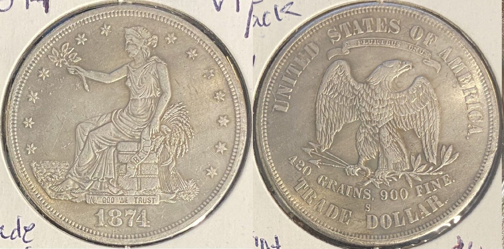 Matching-Obverses;-Bay-1874-S-To-Known-Counterfeit-1874-CC-Trade-Dollars.