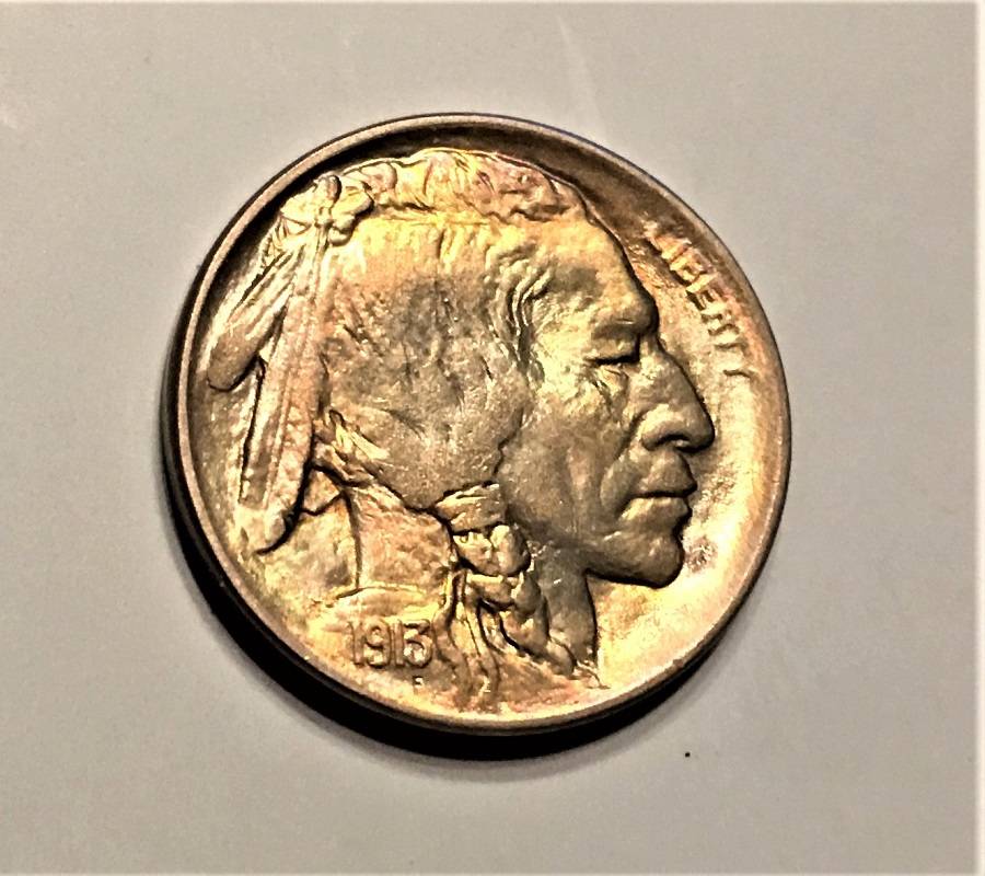 Part-2:1913-Type-2-Buffalo-Nickel-Toned-With-Chin-'Spot',-New-100x-Mag-Pics
