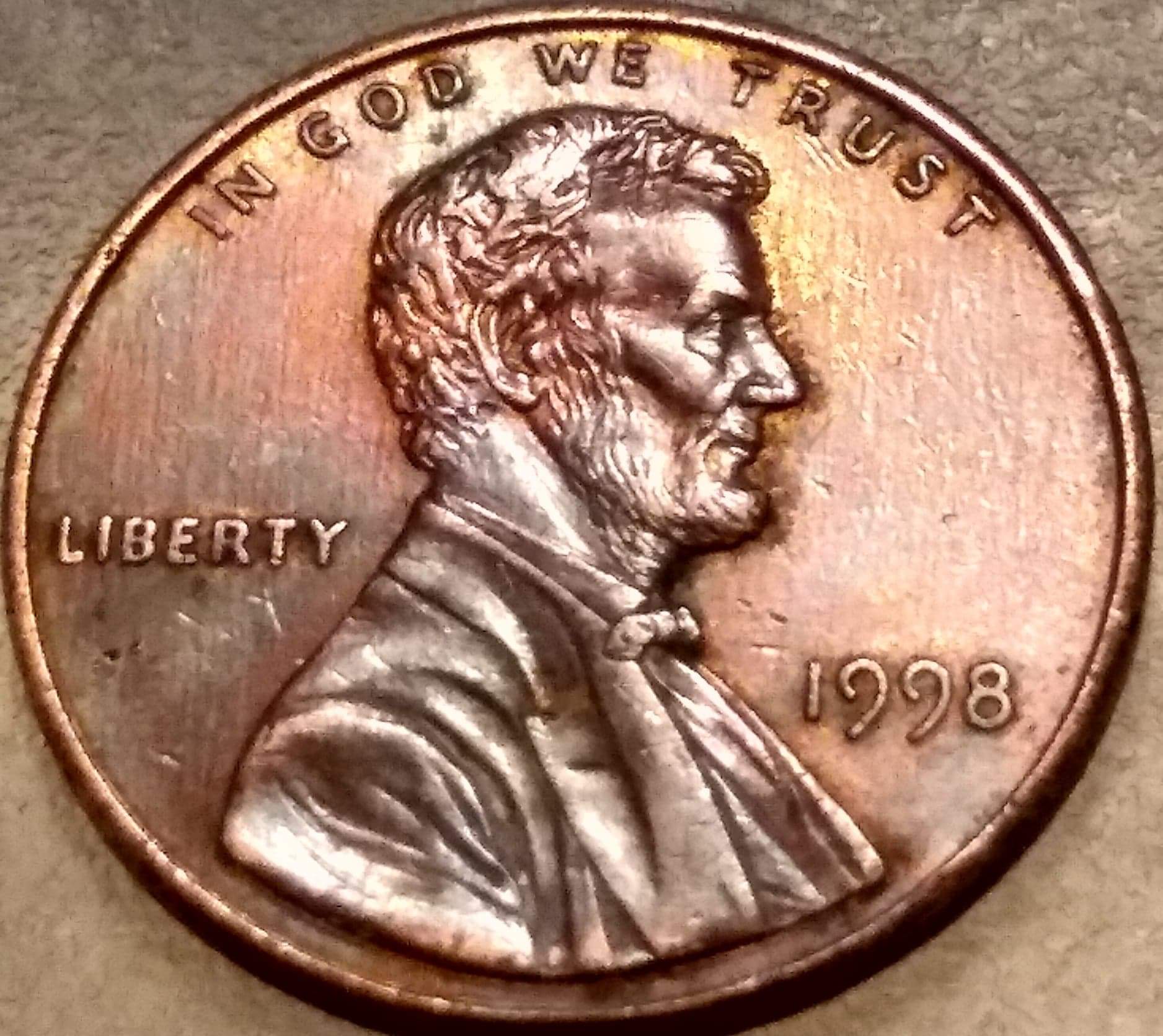1998-Rainbow-Penny-With-Two-Dates-&-White-Flat-Lettering-Any-Info-?