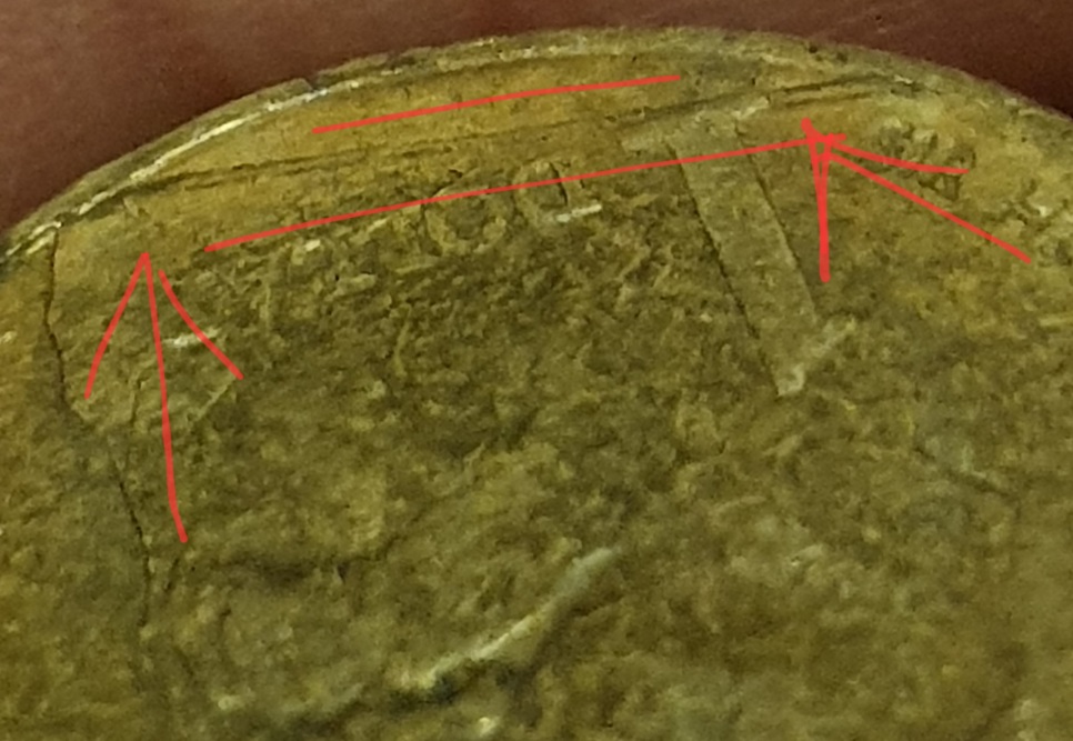 1996-$1-Coin-Help-Pls,-Raised-Metal,-Strike-Through-And-Retained-Error?-Or-Stain-😢