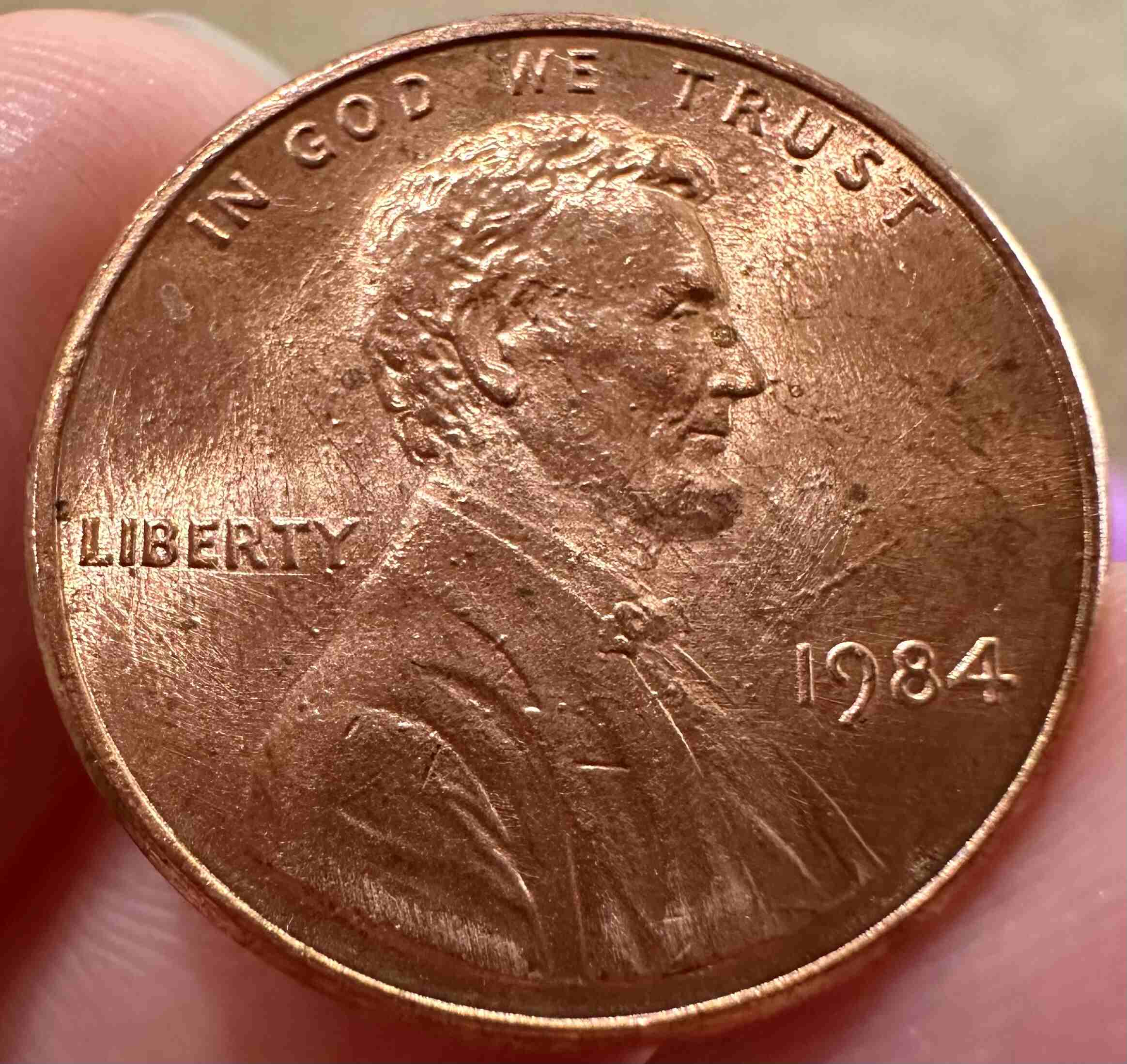 1984-P-Lincoln-Penny---OBV-Linear-Plating-Bubble,-Die-Scratches-Both-Sides,-Odd-REV-