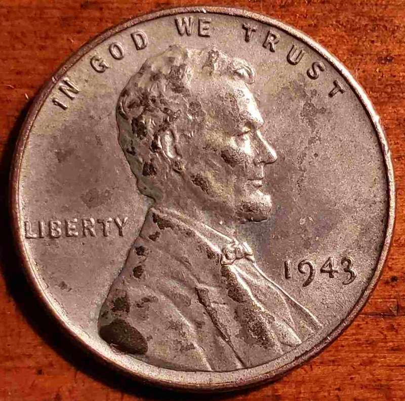 1943-'Steel?-Penny.-Lots-Of-Blotches-On-The-Obverse-And-Some-On-The-Wheat.