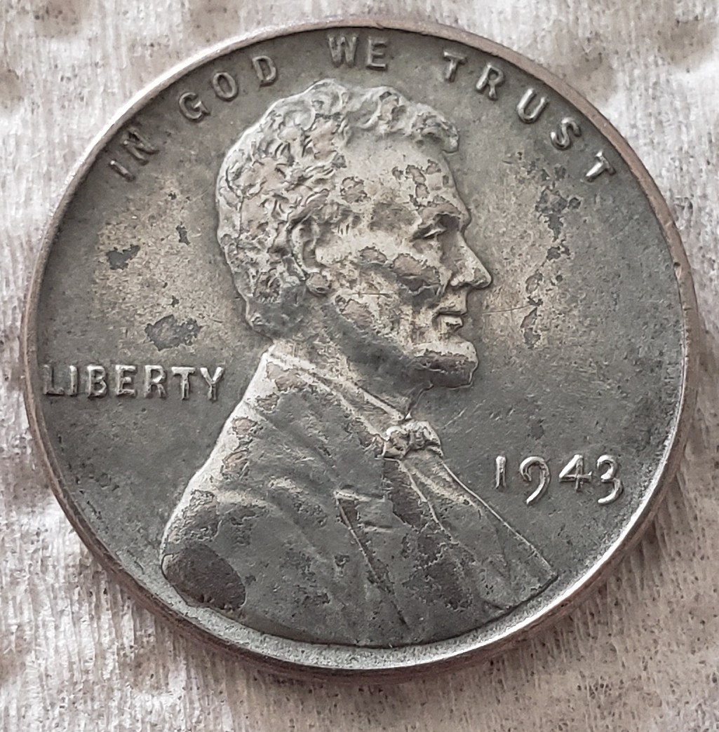 1943-'Steel?-Penny.-Lots-Of-Blotches-On-The-Obverse-And-Some-On-The-Wheat.