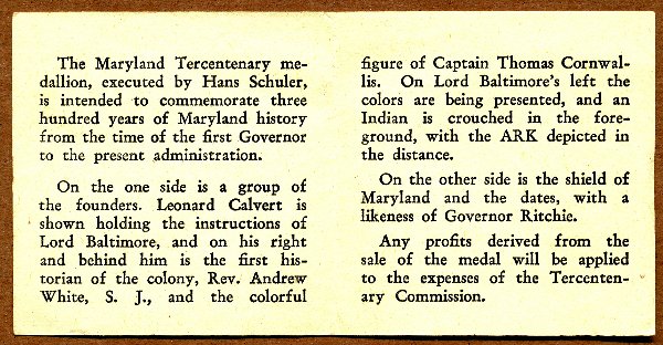 Commems-Collection-Medals:-1934-Maryland-Tercentenary