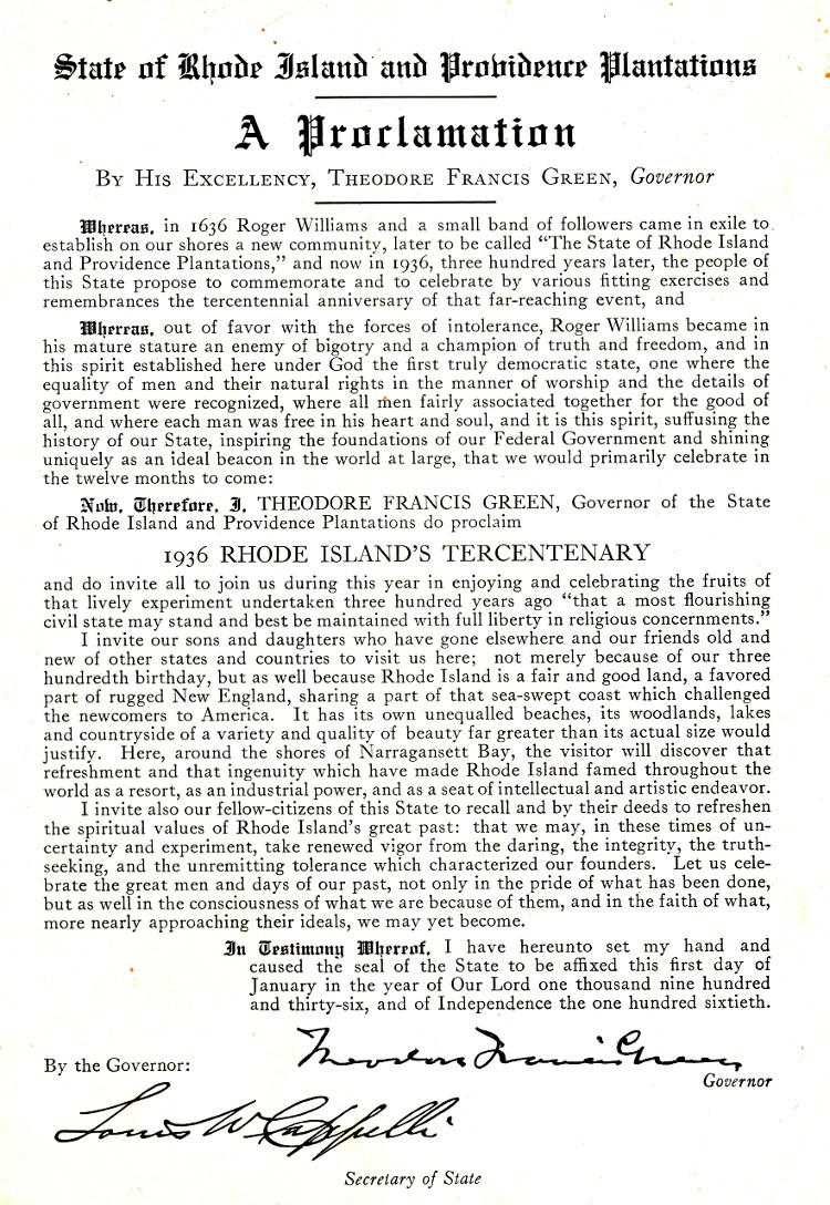 Commems-Collection-Classic:-1936-Rhode-Island-Tercentenary---Governor's-Proclamation